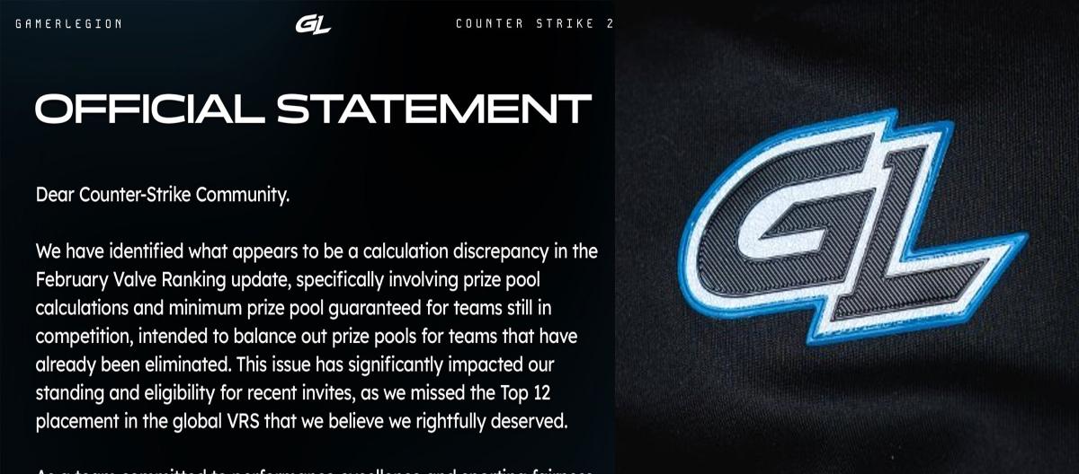 German e-sports team Gamer Legion (GL) seeks communication with Valve over Counter Strike 2 Valve Regional Standings (VRS) ranking system unfairness..
