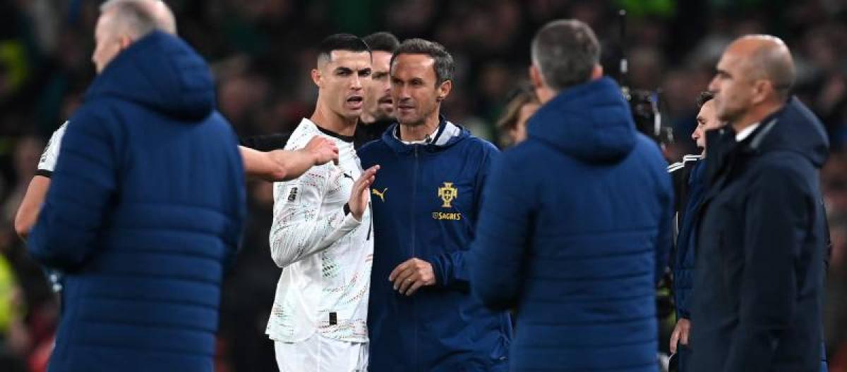 Portuguese star Cristiano Ronaldo receives his first red card for the national team and may face a suspension.