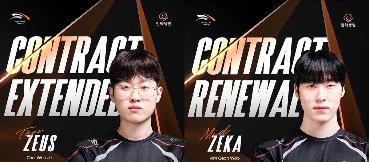 League of Legends: Hanhwa Life Esports (HLE) complete contract extensions with top laner Zeus and mid laner Zeka..